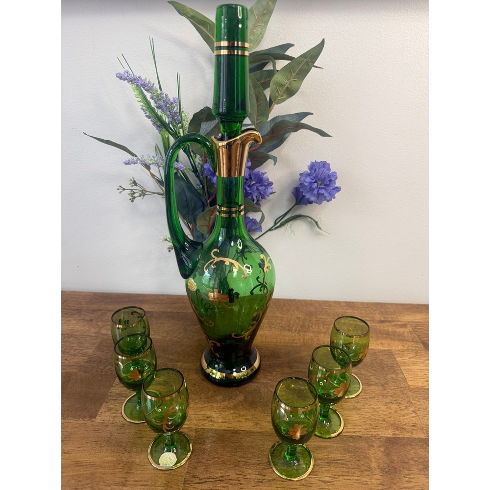 Vintage Bohemia Czech Emerald Green Glass Decanter Set Gold Gilt Cordial Glasses